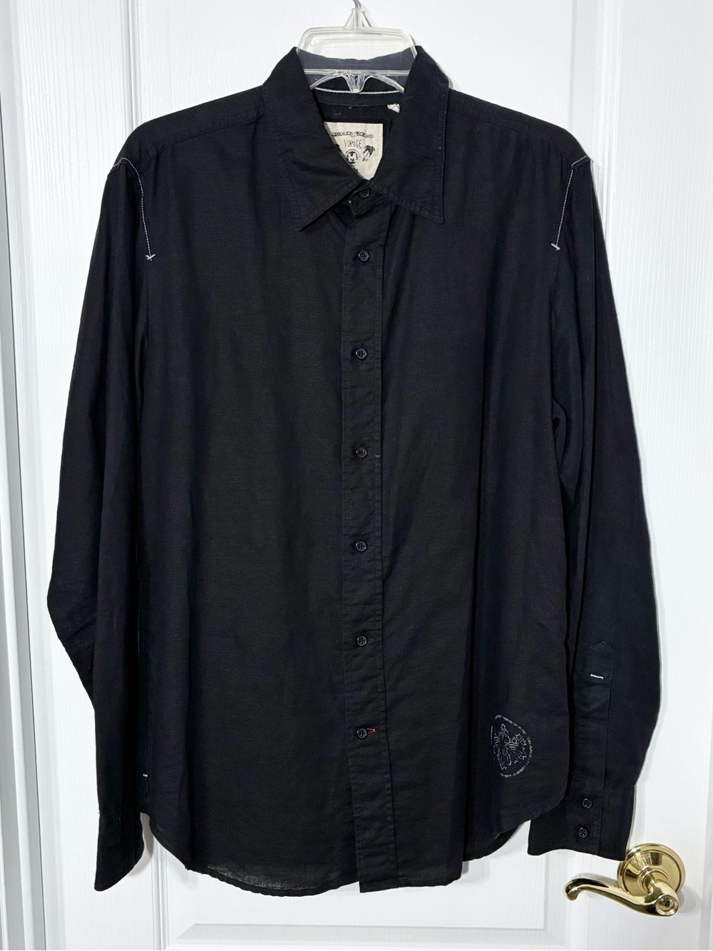 Y2K Guess LINEN Cotton Contrast Stitch Button Front Shirt Black Men’s Medium